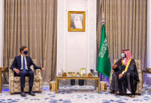 White House senior adviser Jared Kushner meets Saudi Crown Prince Mohammed Bin Salman during his visit to Riyadh, Saudi Ar...