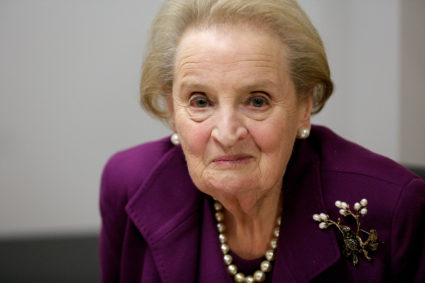 Former U.S. Secretary of State Madeleine Albright speaks before an interview in Washington.