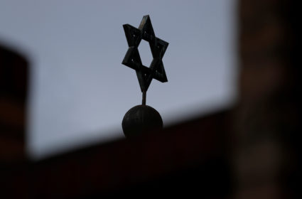 The Star of David is seen at the dome of the synagogue in Halle
