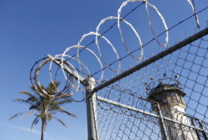 A guard tower is seen during a media tour of California's Death Row at San Quentin State Prison in San Quentin, California
