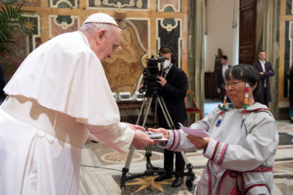 Pope Francis meets indigenous delegations from Canada at the Vatican