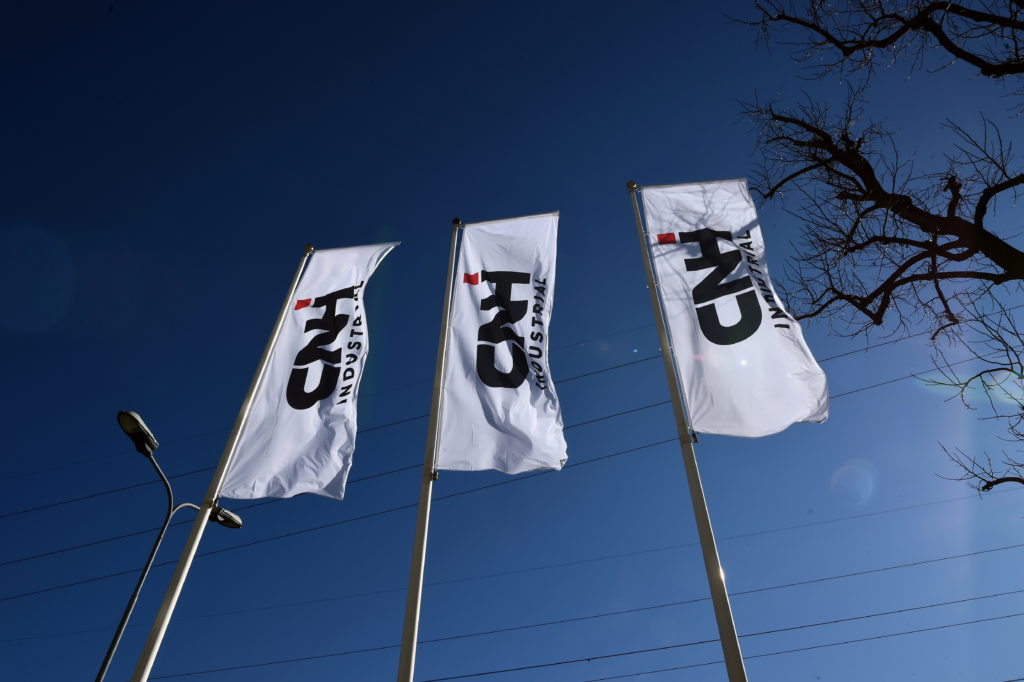 Flags with CNH Industrial logo are pictured outside CNH Industrial building in Turin, Italy, February 5, 2020. Photo by Ma...