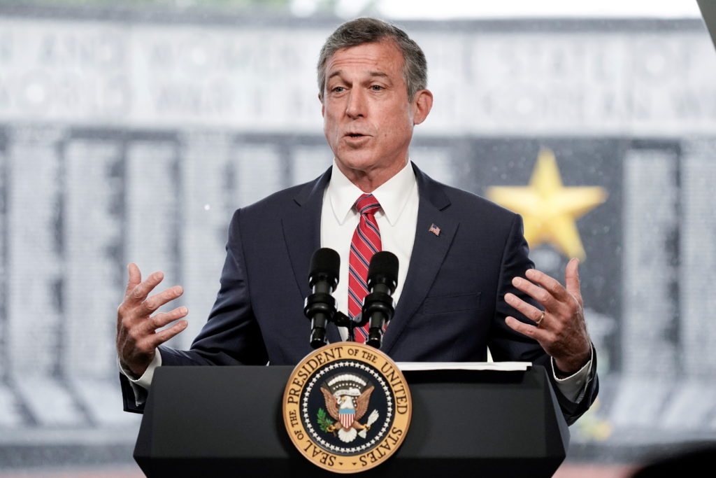 Delaware Governor John Carney delivers remarks at an annual Memorial Day Service at Veterans Memorial Park, Delaware Memor...
