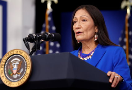 U.S. Interior Secretary Deb Haaland addresses the Tribal Nations Summit from an auditorium on the White House campus in Washington, D.C., U.S. November 15, 2021. Photo by Jonathan Ernst/REUTERS