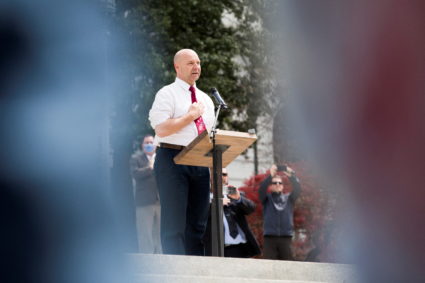 Pennsylvania State Senator Doug Mastriano speaks at a protest against the state's extended stay-at-home order to help slow the spread of the coronavirus disease (COVID-19) in Harrisburg, Pennsylvania, U.S., April 20, 2020. Photo by Rachel Wisniewski/REUTERS