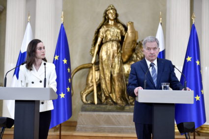 Finland's Prime Minister Sanna Marin and Finland's President Sauli Niinisto attend a joint news conference on Finland's se...