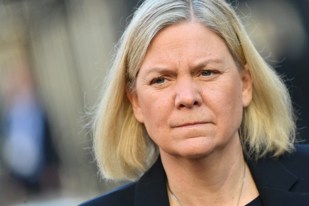 FILE PHOTO: Sweden's Prime Minister Magdalena Andersson arrives at Lancaster House, for the Joint Expeditionary Force lead...