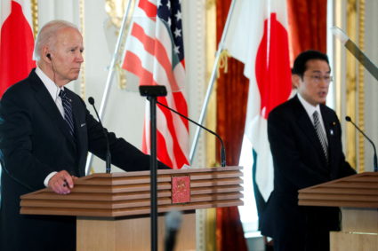 U.S. President Joe Biden speaks looks on as Japan's Prime Minister Fumio Kishida speaks during a joint news conference after their bilateral meeting at Akasaka Palace in Tokyo, Japan, May 23, 2022. Photo by Jonathan Ernst/REUTERS