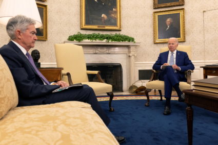 U.S. President Joe Biden meets with Federal Reserve Chair Jerome Powell and U.S. Treasury Secretary Janet Yellen to talk about the economy in the Oval Office at the White House in Washington, D.C., U.S., May 31, 2022. Photo by Leah Millis/REUTERS