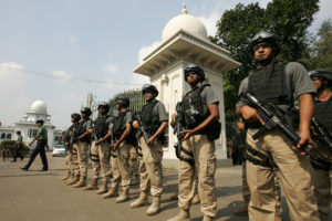 Security personnel stand guard in front of the Bangladesh Supreme Court in Dhaka