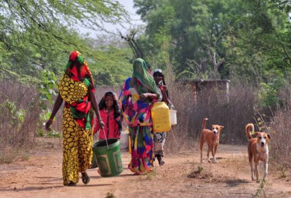 Women and a girl carry containers to fetch water from an abandoned stone quarry on a hot day in Badama village