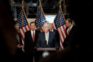 U.S. Senate Minority Leader Mitch McConnell speaks to reporters following the Senate Republicans weekly policy lunch at th...