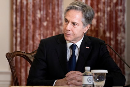 U.S. Secretary of State Antony Blinken listens during a signing ceremony of a Memorandum of Understanding concerning strategic civil nuclear cooperation with Armenia's Foreign Minister Ararat Mirzoyan (not pictured), at the State Department, in Washington, U.S. May 2, 2022. Photo by Brendan Smialowski/Pool via REUTERS