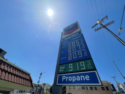 Gas prices over the $8.00 mark are advertised at a Chevron Station in Los Angeles, California, U.S., May 30, 2022. Photo by Lucy Nicholson/REUTERS