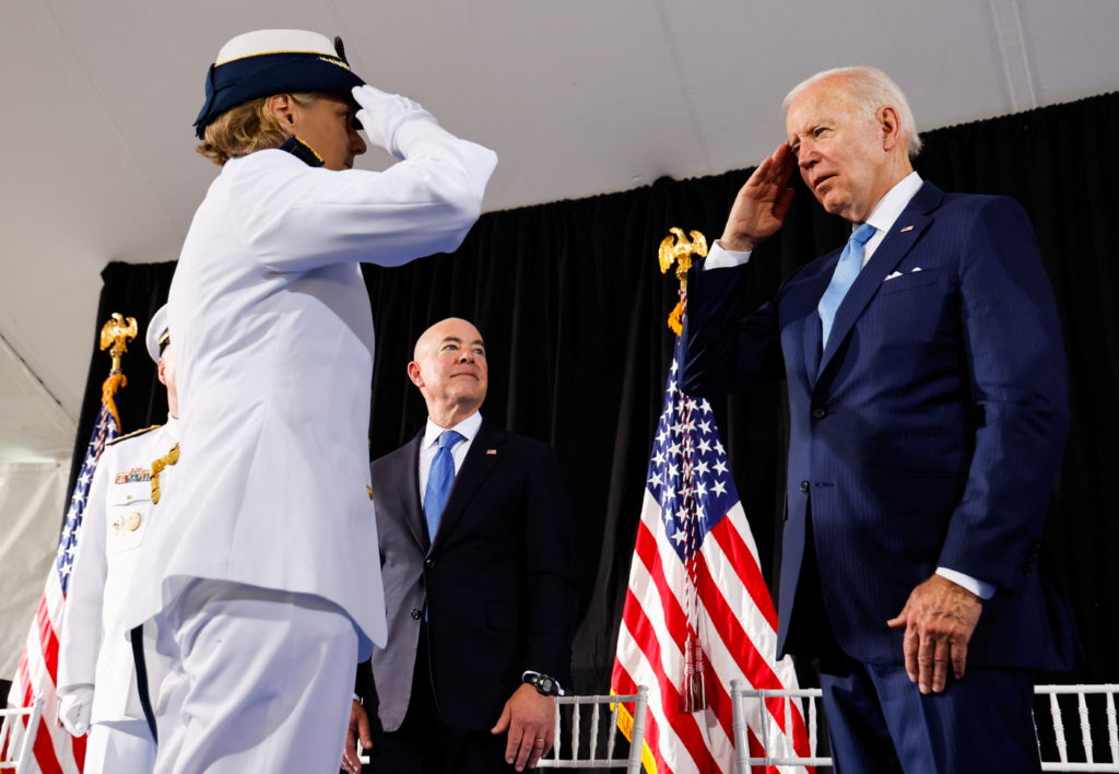 U.S. President Joe Biden participates in a change of command ceremony for Admiral Linda Fagan in Washington
