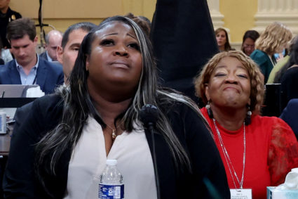Wandrea "Shaye" Moss, former Elections Department employee in Fulton County, Georgia, testifies, as her mother, Georgia election worker Ruby Freeman looks on, during the fourth public hearing of the U.S. House Select Committee to investigate the January 6, 2021 attack on the U.S. Capitol, on Capitol Hill in Washington, DC, U.S. June 21, 2022. Photo by Michael Reynolds/Pool via REUTERS