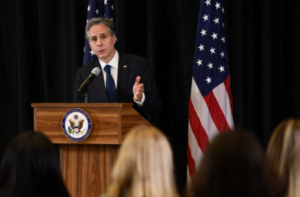 U.S. Secretary of State Antony Blinken speaks to the media ahead of the G7 summit in Berlin, Germany June 24, 2022. Photo by Annegret Hilse/REUTERS
