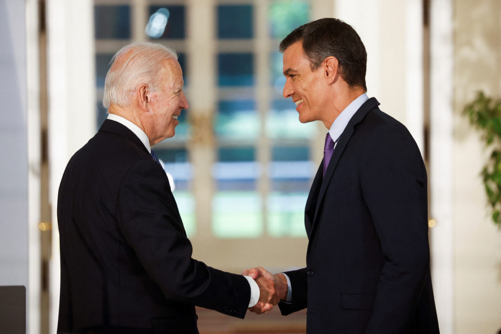 U.S. President Joe Biden and Spanish Prime Minister Pedro Sanchez shake hands after holding a joint news conference at Mon...