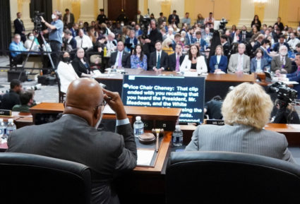 Chairman U.S. Representative Bennie Thompson (D-MS) and U.S. Representative Zoe Lofgren (D-CA) sit as Cassidy Hutchinson, who was an aide to former White House Chief of Staff Mark Meadows during the administration of former U.S. President Donald Trump, attends a House Select Committee public hearing to investigate the January 6 Attack on the U.S. Capitol, at the Capitol, in Washington, U.S., June 28, 2022. Photo by Mandel Ngan/Pool via REUTERS