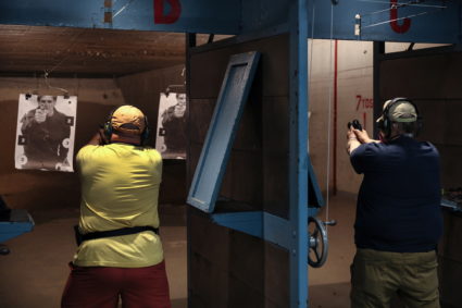 Gun owners take target practice at the Nassau County Rifle and Pistol Range, in Uniondale, New York