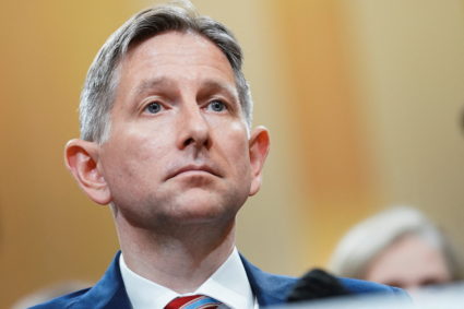 Greg Jacob, former counsel to Vice President Mike Pence, is seen testifying to the House Jan. 6 Committee. He is wearing a blue suit and the image is zoomed in on his face.