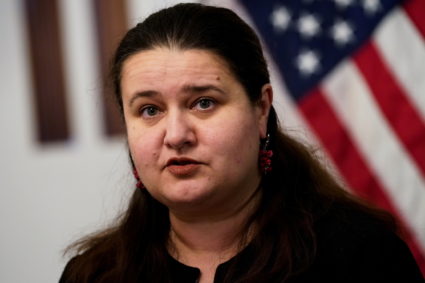 U.S. House Speaker Nancy Pelosi (D-CA) and Ukrainian Ambassador to the U.S. Oksana Markarova at a photo exhibit on the Rus...