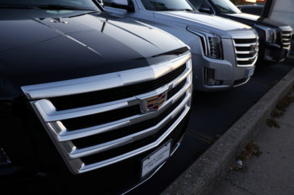 Vehicles from Cadillac, an automobile brand owned by General Motors Company, are seen for sale at a car dealership in Queens, New York, U.S., November 16, 2021. Photo by Andrew Kelly/REUTERS