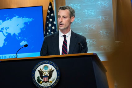 U.S. State Department spokesperson Ned Price speaks during a news conference in Washington