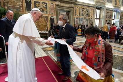 Pope Francis meets indigenous delegations from Canada at the Vatican