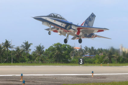 Taiwan's new Advanced Jet Trainer aircraft takes off at an air force base, in Taitung