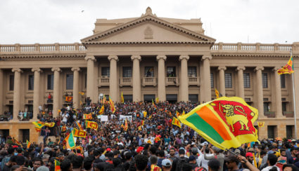 Demonstrators protest at the Presidential Secretariat, after President Gotabaya Rajapaksa fled, in Colombo