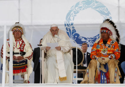 Pope Francis apologizes to indigenous people for the residential school system in Canada during his visit to Maskwacis, Alberta, Canada July 25, 2022. Photo by Todd Korol/REUTERS