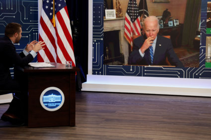 U.S. President Joe Biden, isolating following his COVID-19 diagnosis, appears virtually in a meeting with business and labor leaders about the Chips Act ? relating to U.S. domestic chip and semiconductor manufacturing ? in an auditorium on the White House campus in Washington, U.S., July 25, 2022. Photo by Jonathan Ernst/REUTERS