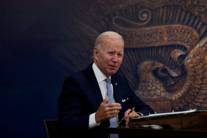 U.S. President Joe Biden listens as he receives an update on economic conditions from his advisors in the Eisenhower Executive Office Building's South Court Auditorium at the White House in Washington, U.S., July 28, 2022. Photo by Elizabeth Frantz/REUTERS