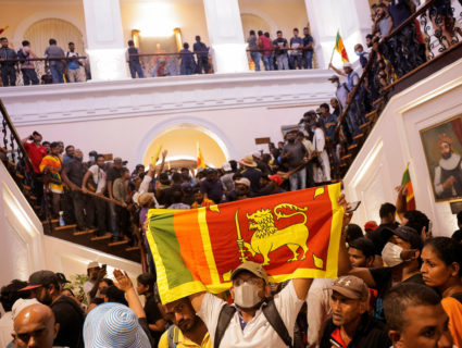 Demonstrators protest inside the President's House, after President Gotabaya Rajapaksa fled, in Colombo