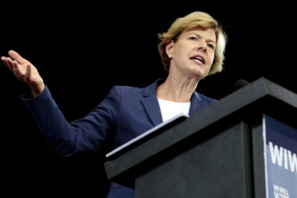 U.S. Senator Tammy Baldwin (D-WI) speaks during a campaign attended by former president Barack Obama at North Division Hig...