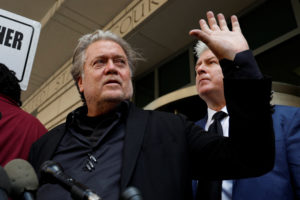Former U.S. President Trump's White House chief strategist Steve Bannon departs after he was found guilty during his trial...
