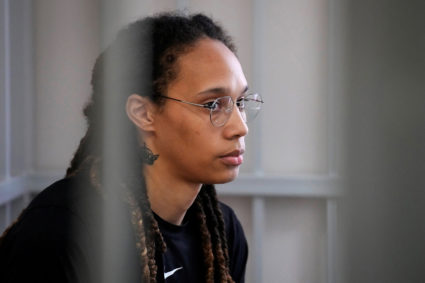 WNBA star and two-time Olympic gold medalist Brittney Griner sits in a cage at a court room prior to a hearing, in Khimki, outside Moscow, Russia, July 27, 2022. American basketball star Brittney Griner returns to a Russian courtroom for her drawn-out trial on drug charges that could bring her 10 years in prison of convicted. Alexander Zemlianichenko/Pool via REUTERS