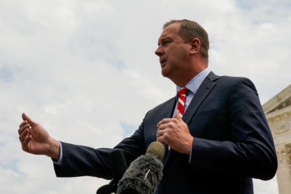 Missouri Attorney General Eric Schmitt speaks during a news conference after the U.S. Supreme Court heard oral arguments in President Joe Biden's bid to rescind a Trump-era immigration policy that forced migrants to stay in Mexico to await U.S. hearings on their asylum claims, in Washington, U.S., April 26, 2022. Photo by Elizabeth Frantz/REUTERS