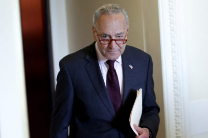 U.S. Senate Majority Leader Schumer holds a news conference to tout a drug pricing, energy and tax bill at the...