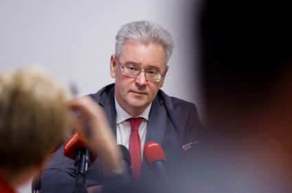 Yevhenii Tsymbaliuk, Permanent Representative of Ukraine to the IAEA addresses a news conference, in Vienna
