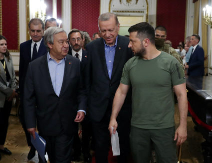 Turkish President Erdogan, Ukraine's President Zelenskiy and U.N. Secretary-General Guterres arrive at a news conference i...