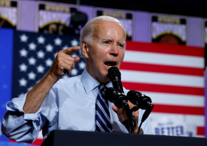 U.S. President Joe Biden delivers remarks as he attend a Democratic National Committee rally at Richard Montgomery High School in Rockville, Maryland, U.S., August 25, 2022. Photo by Jonathan Ernst/REUTERS