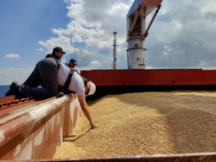 The JCC officials onboard Sierra Leone-flagged cargo ship Razoni, carrying Ukrainian grain, during an inspection in the Bl...
