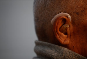 Hearing aid is pictured on the ear of Nepali mountain climber Min Bahadur Sherchan, 85, who will attempt to climb Everest ...