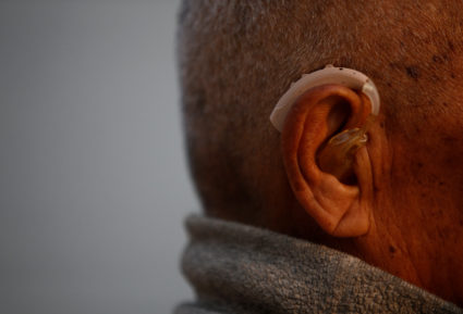 Hearing aid is pictured on the ear of Nepali mountain climber Min Bahadur Sherchan, 85, who will attempt to climb Everest ...