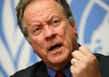 WFP Executive director Beasley attends a news conference in Geneva