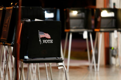 FILE PHOTO: A voting booth is seen at a polling center inside a fire station in the Coral Gables neighbourhood during the ...