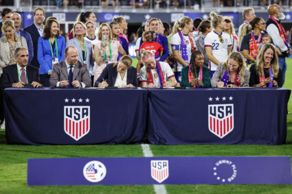 A general view during a signing ceremony for the new Collective Bargaining Agreements after the match between the United States and Nigeria at Audi Field in Washington D.C., Sep 6, 2022. Photo Scott Taetsch/USA TODAY Sports