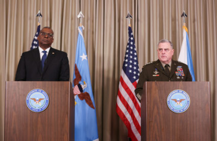 U.S. Secretary of Defense Lloyd J. Austin and U.S. Chairman of the Joint Chiefs of Staff Gen. Mark A. Milley attend a media statement after a meeting of the Ukraine Defense Contact Group at the American military's Ramstein Air Base, near Ramstein-Miesenbach, Germany, September 8, 2022. Photo by Thilo Schmuelgen/REUTERS